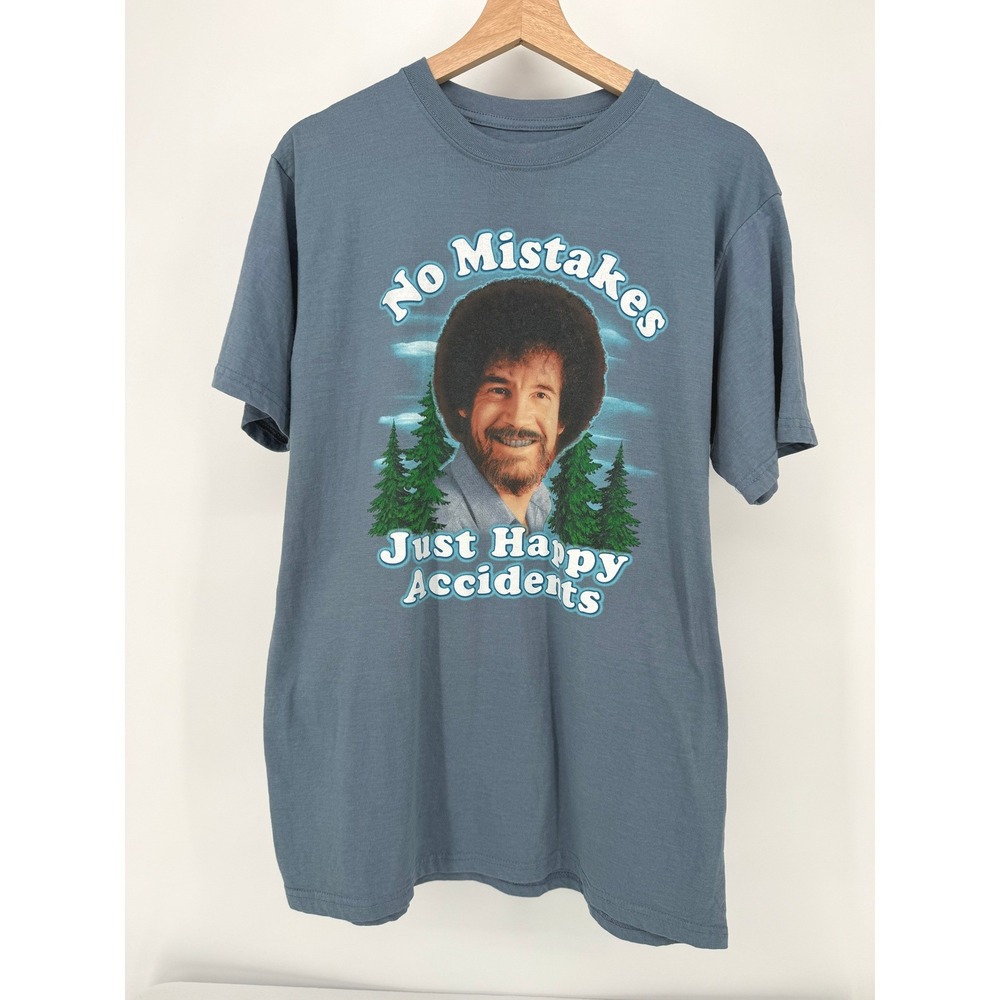 Bob Ross Graphic T-Shirt Mens Large Blue No Mistakes Just Happy Accidents‎ Tee